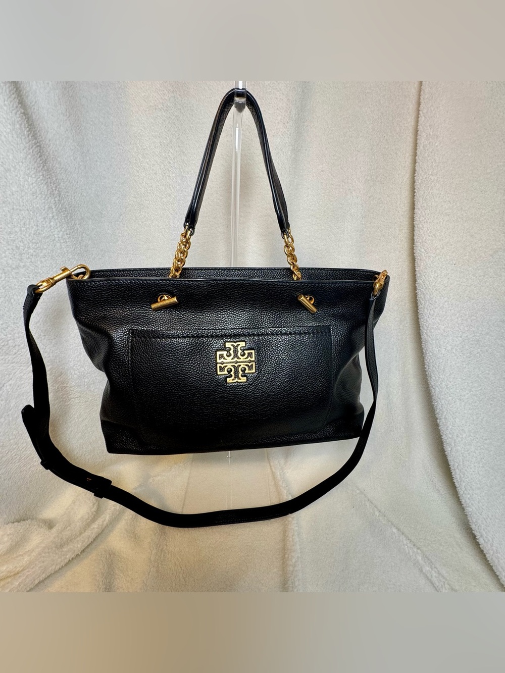 Tory Burch Britten Satchel Black Pebbled Leather Tote Crossbody Bag